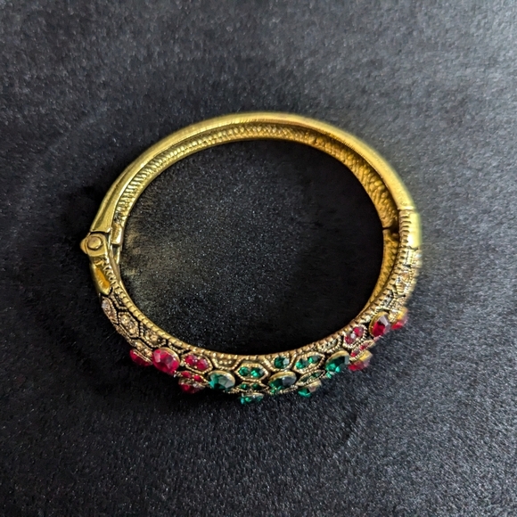 Gemstone Bangle Bracelet Hinge Gold Color Teal Red Ethnic Vintage Y2K 90s - Picture 4 of 7